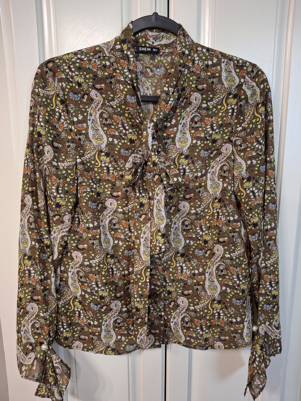 SHEIN Paisley Ruffle Front Blouse in Olive Brown